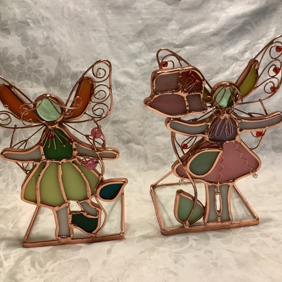 2 Stained glass look colored glass + copper color metal art collectible figures - Picture 3 of 7